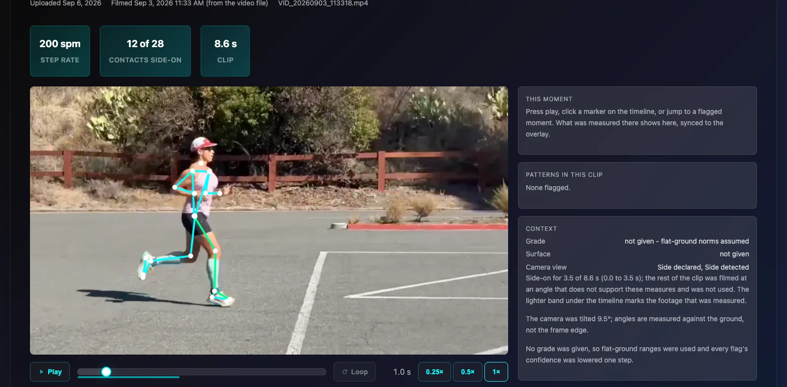 Fit PA form analysis — a runner's side-on clip paused on a foot contact, the skeleton and the measured angle drawn on the frame, with the moment's numbers and the measurements alongside